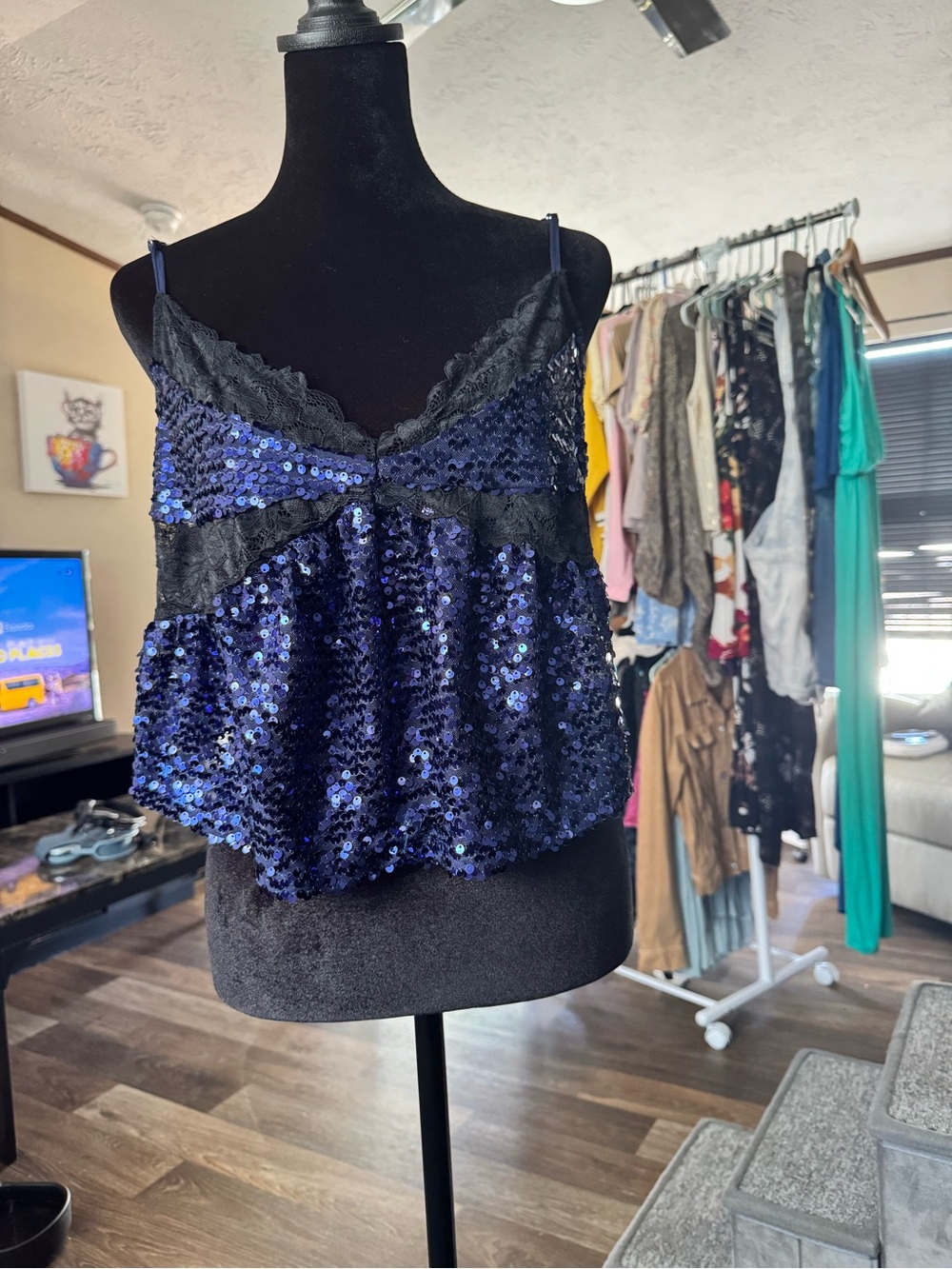Intimately Free People Navy Blue Sequin Lace Camisole Crop Top Adjustable Straps